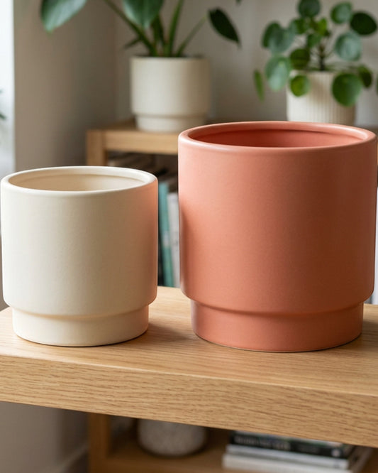 Slopt Ceramic Cachepot Set of 2 Cream and Muted Coral - Lifestyle view