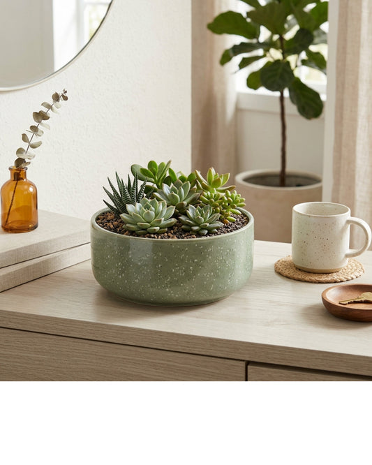 Slopt Speckled Ceramic Planter Bowl Sage 7 in